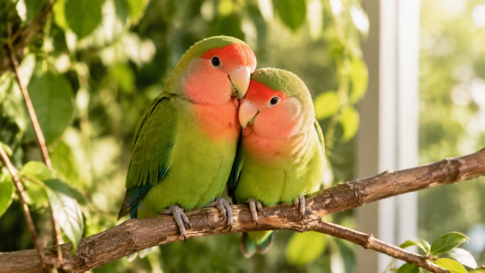 Two peach-faced Lovebirds perched closely together in warm natural light