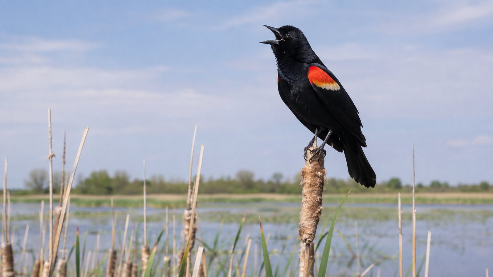 A male Red-winged Blackbird singing from a cattail in his marsh territory