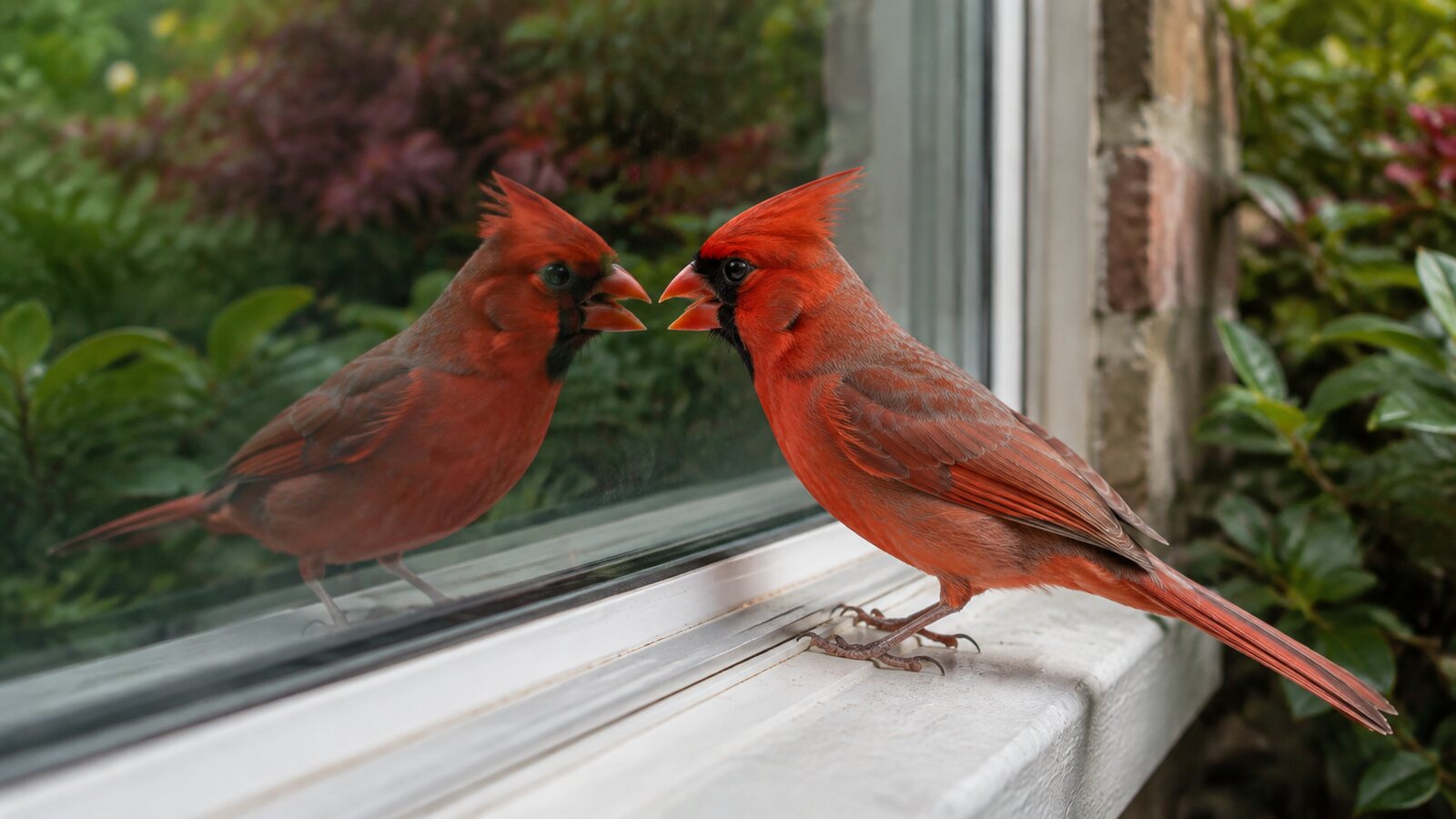 A male Northern Cardinal facing its reflection in an exterior window