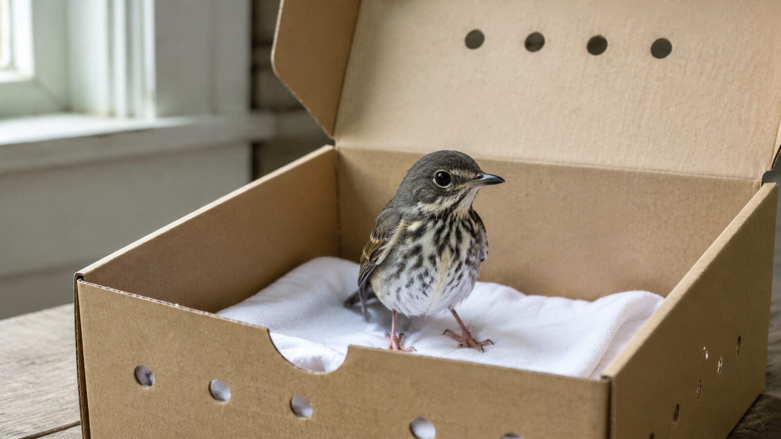 Small songbird resting upright in a quiet ventilated recovery box