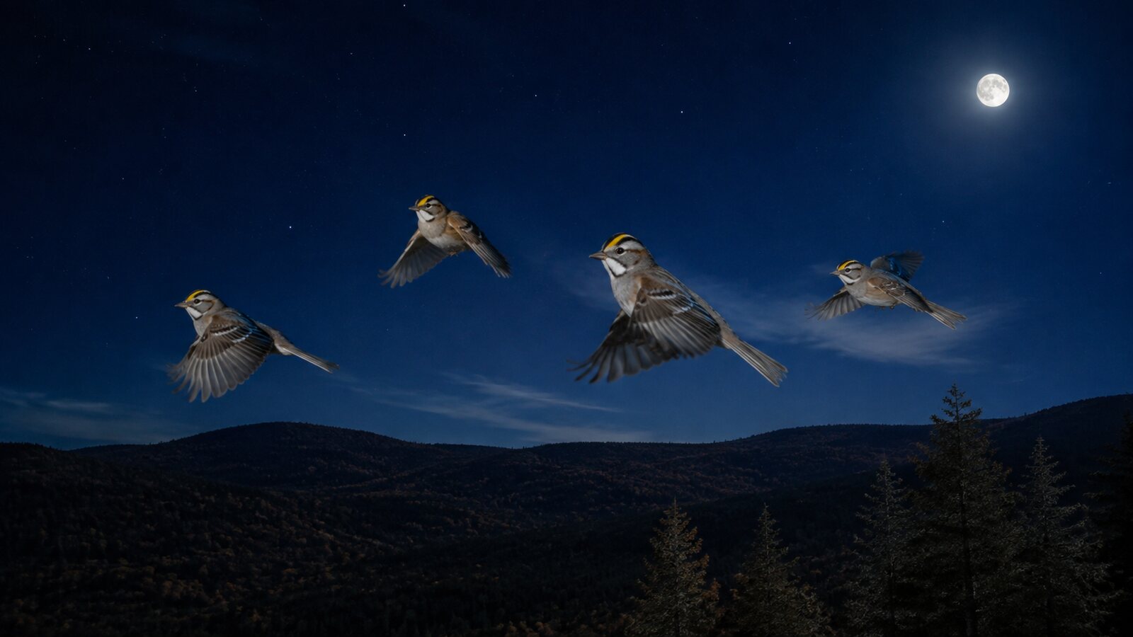 White-throated Sparrows flying above a forest under moonlight