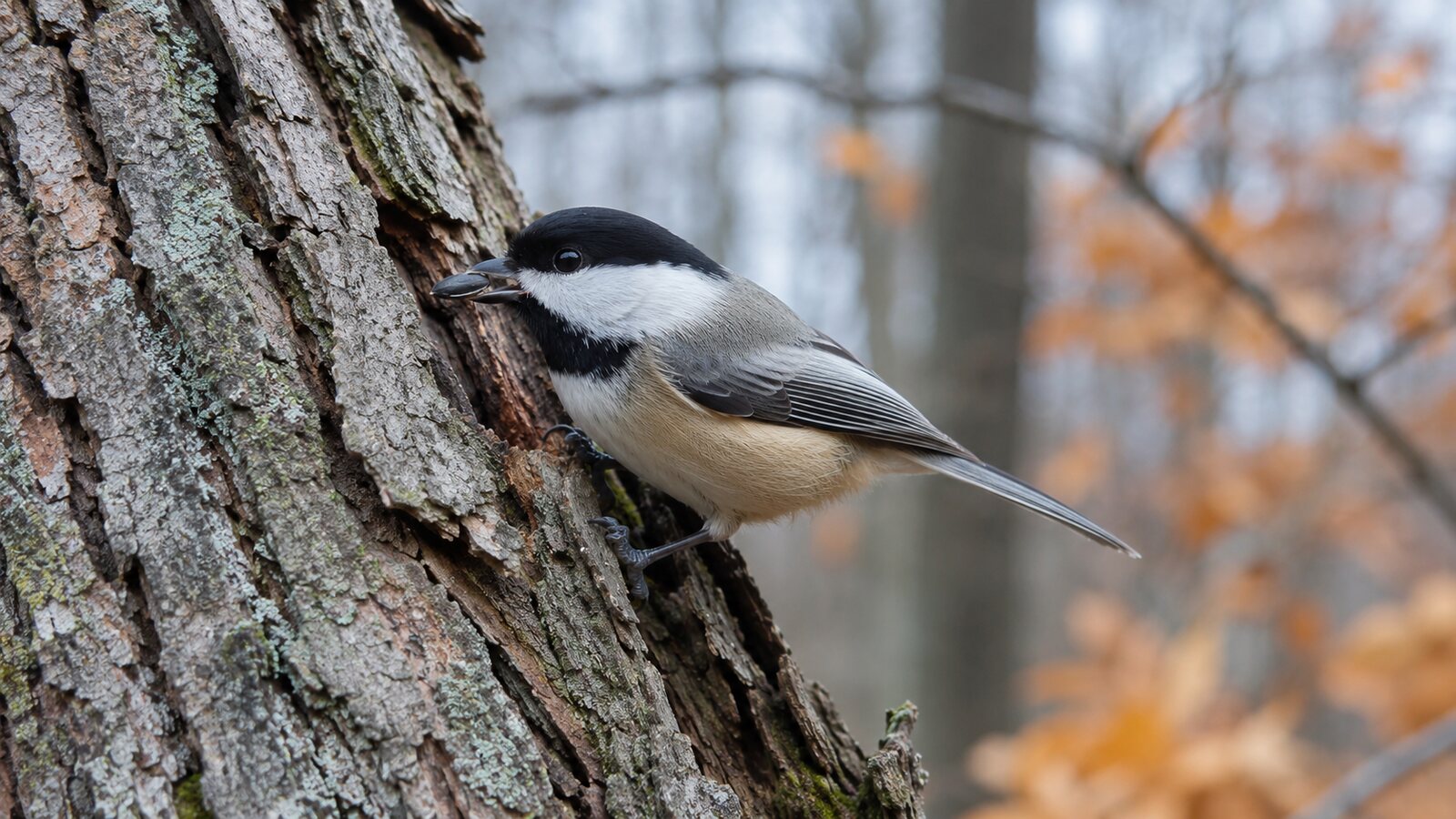 A Black-capped Chickadee retrieving a sunflower seed from tree bark