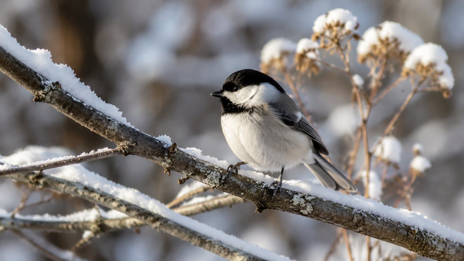 A Black-capped Chickadee perched on a snow-covered branch
