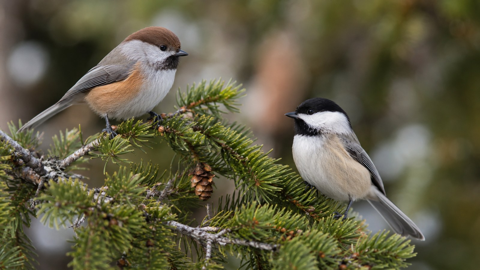 Boreal Chickadee and Black-capped Chickadee perched on a conifer bough