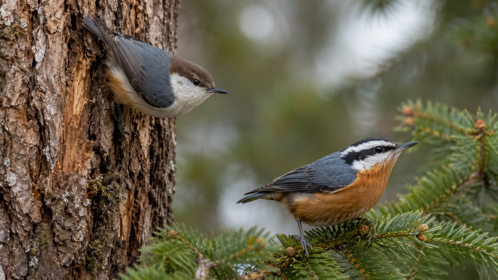 Two small nuthatches on bark and evergreen branches on the Brown-headed vs Pygmy Nuthatch guide