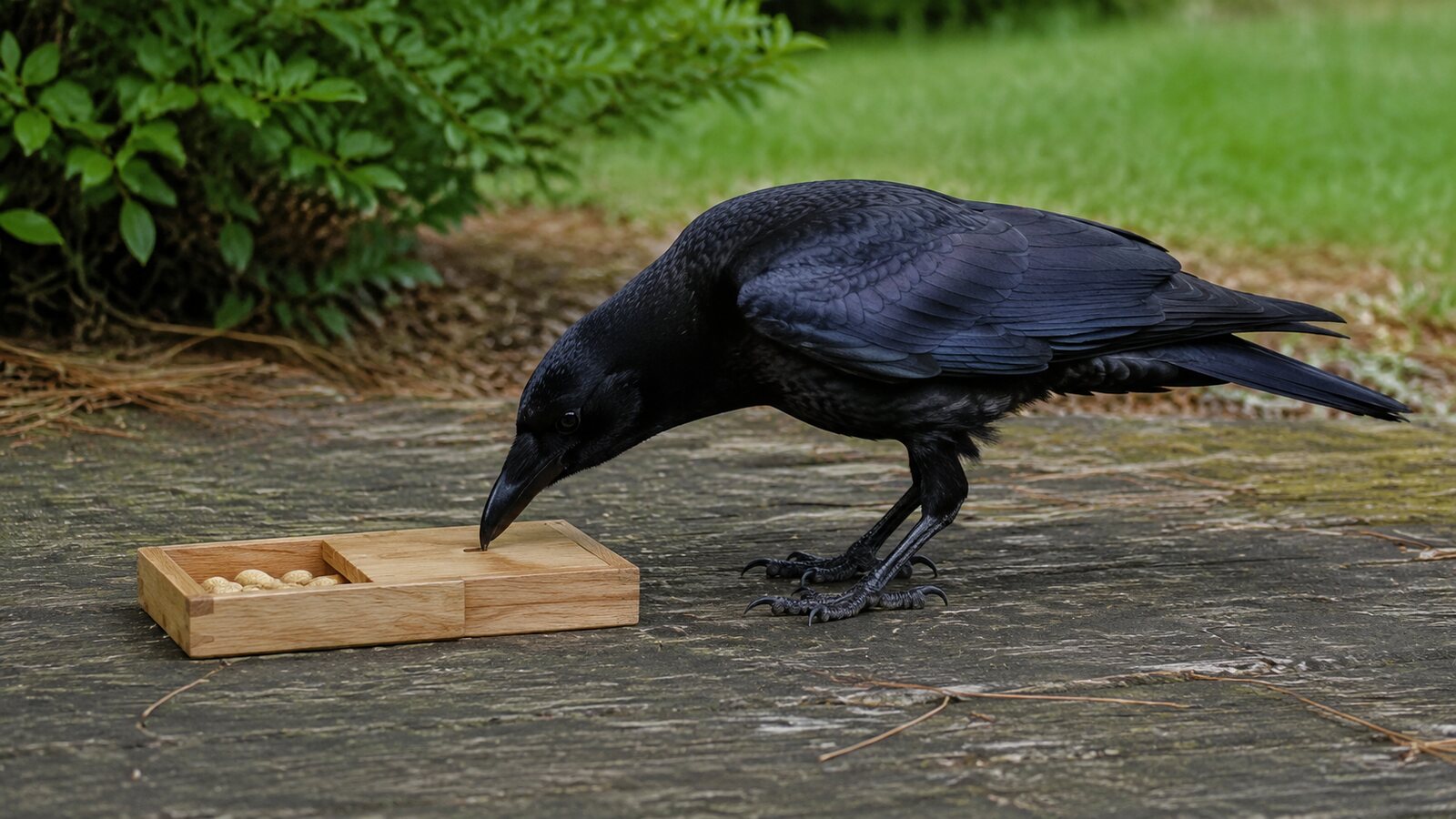 An American Crow working at a simple wooden food puzzle in a backyard