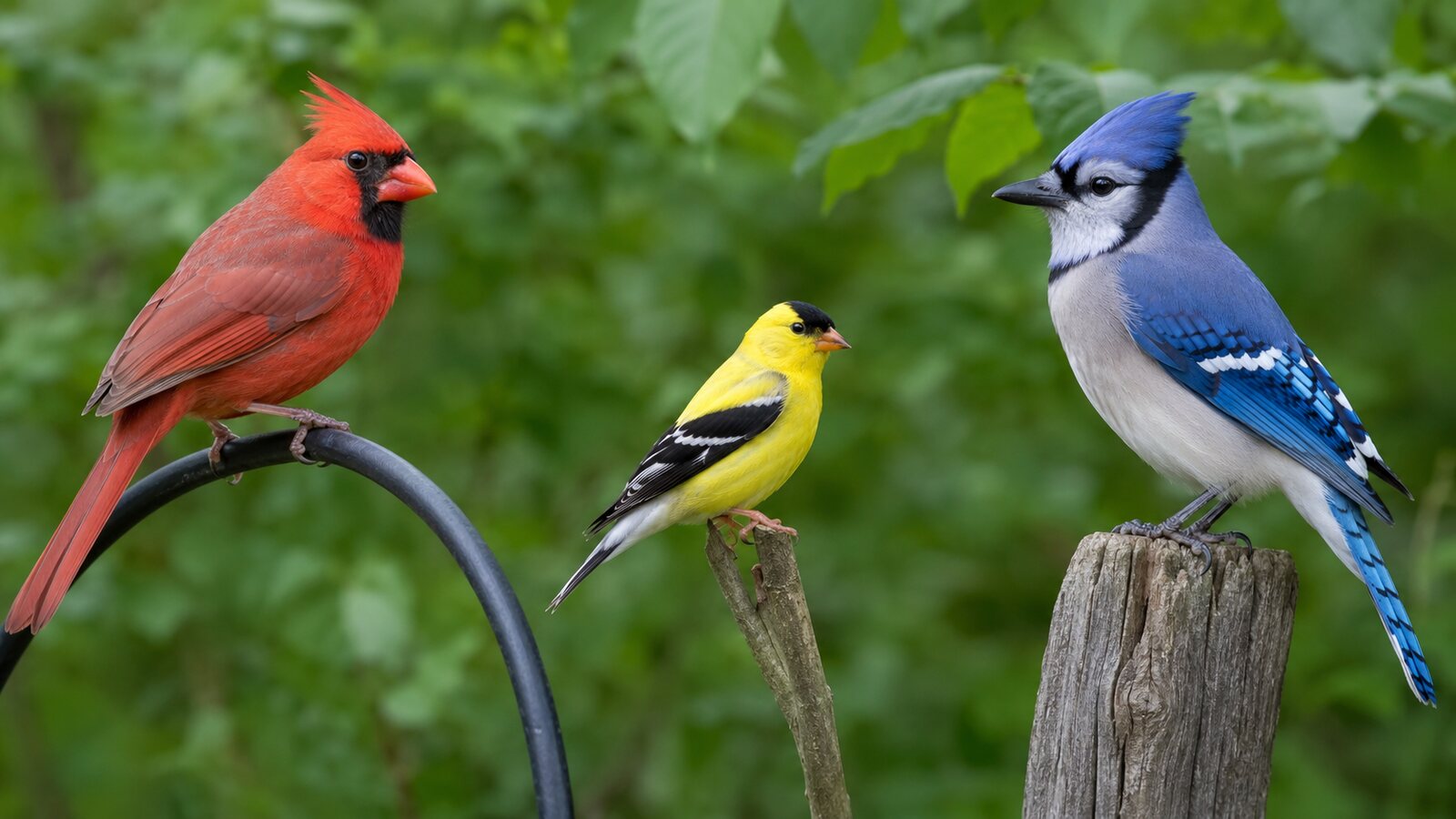 Northern Cardinal, American Goldfinch, and Blue Jay in a natural backyard edge