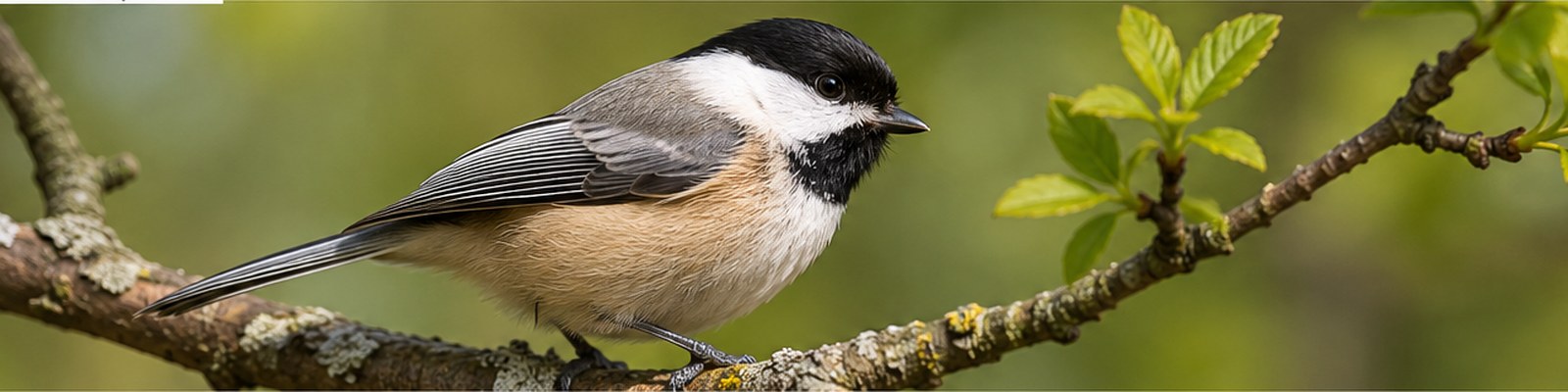 Black-capped Chickadee perched on a leafy branch in a green North American woodland