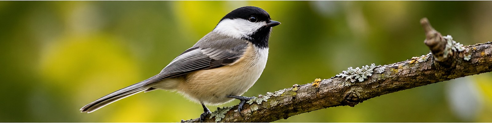 Black-capped Chickadee perched on a lichen-covered branch in bright green woodland
