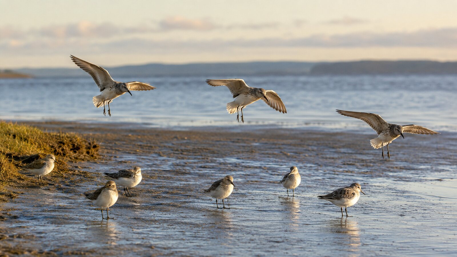 Migrating shorebirds landing and resting together on a quiet coastal mudflat