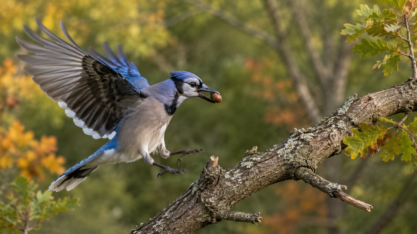 A Blue Jay returning to a familiar oak branch with an acorn