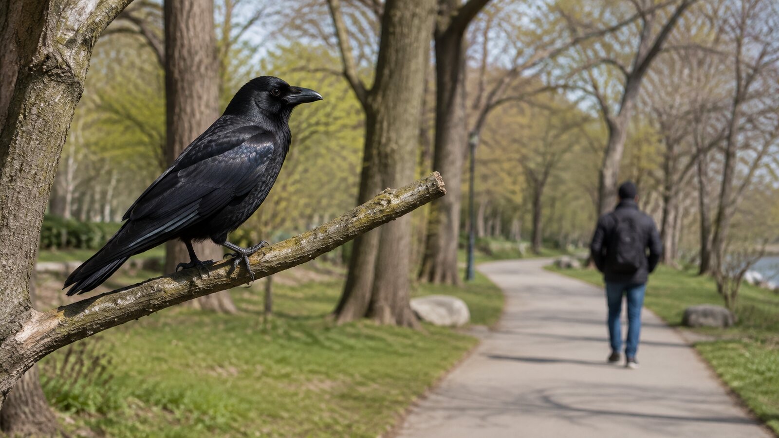 A curious wild crow watching a person from a nearby perch in a natural North American setting