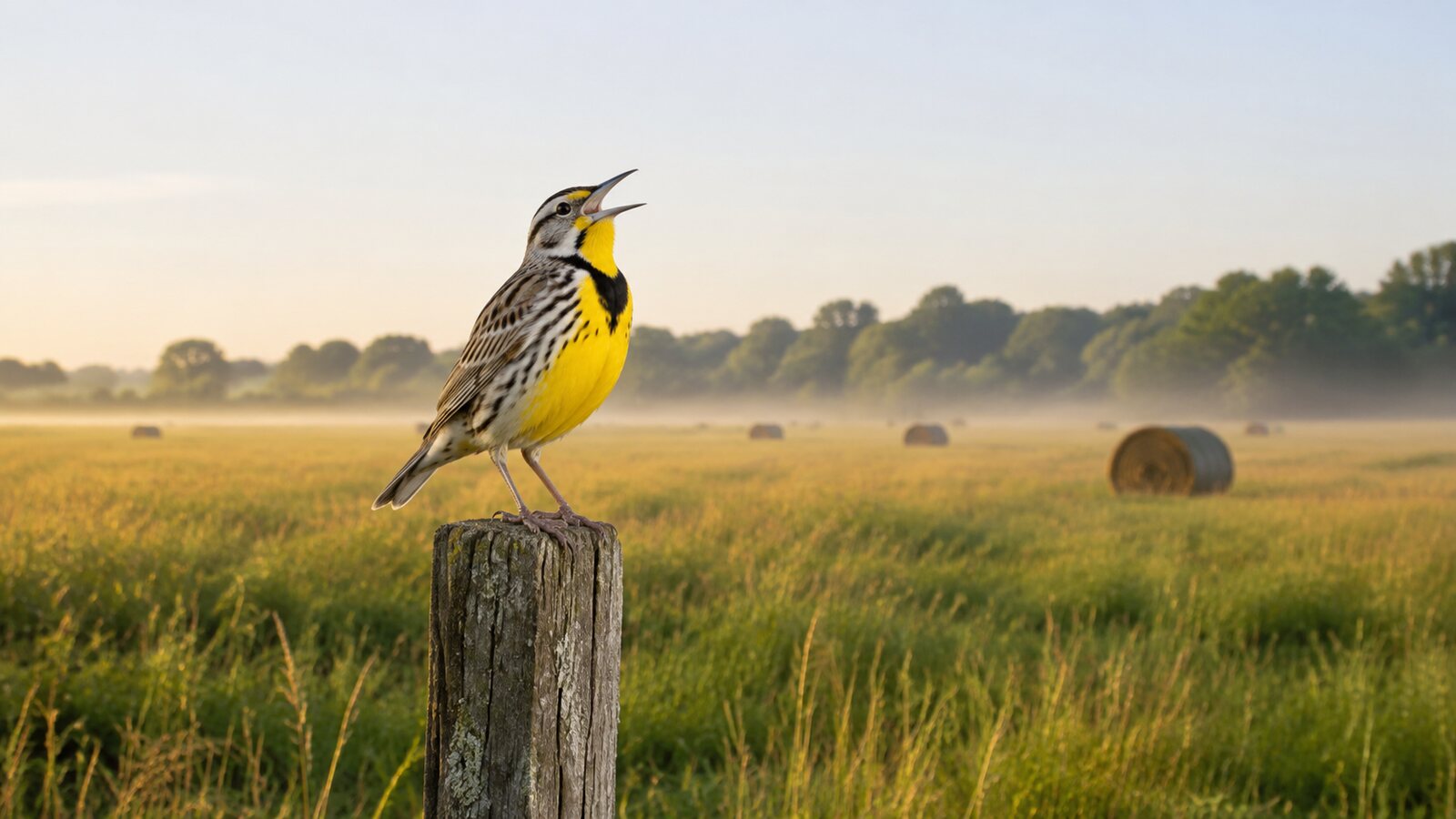 Eastern Meadowlark singing from a fence post above an eastern grassland
