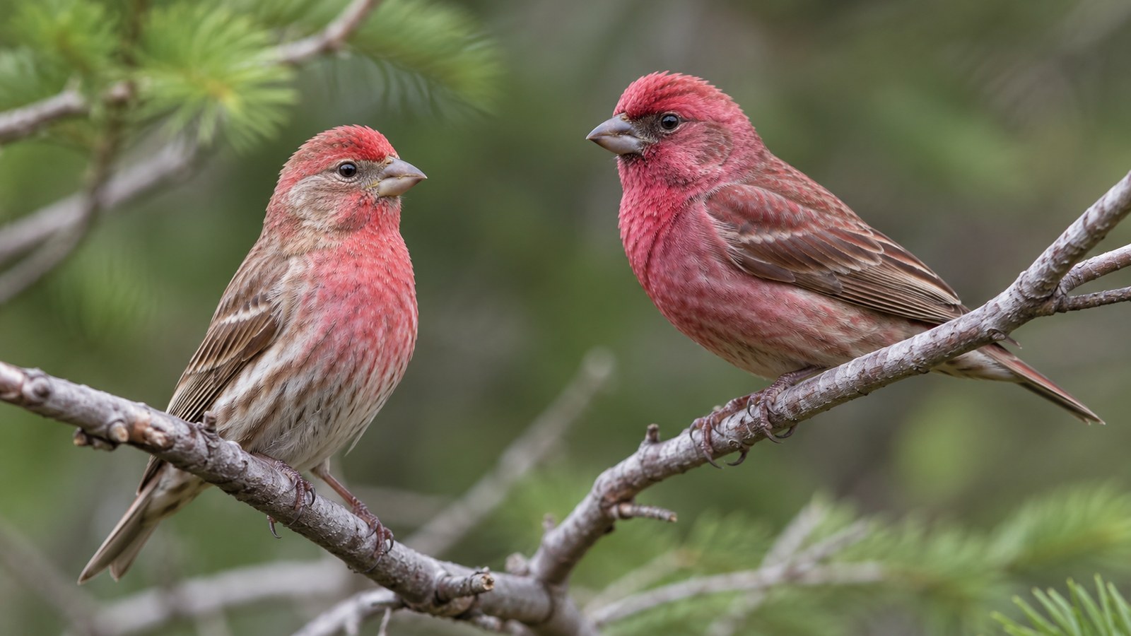 Two red-toned finches in evergreen branches on the Evening Grosbeak vs Pine Grosbeak guide