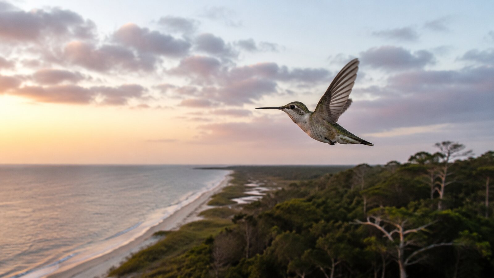 A Ruby-throated Hummingbird flying above a Gulf Coast shoreline