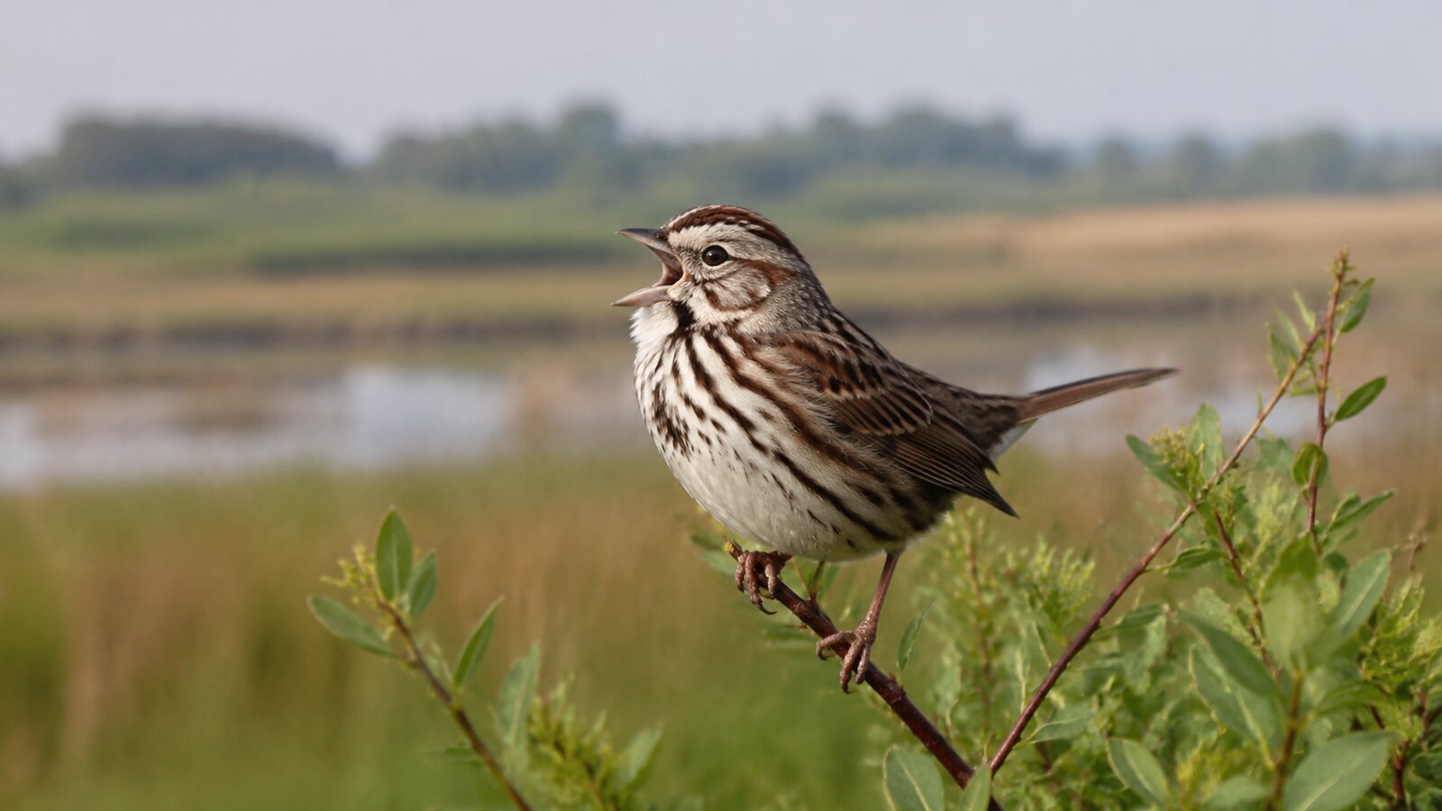 A Song Sparrow singing from a low shrub at a wet meadow edge