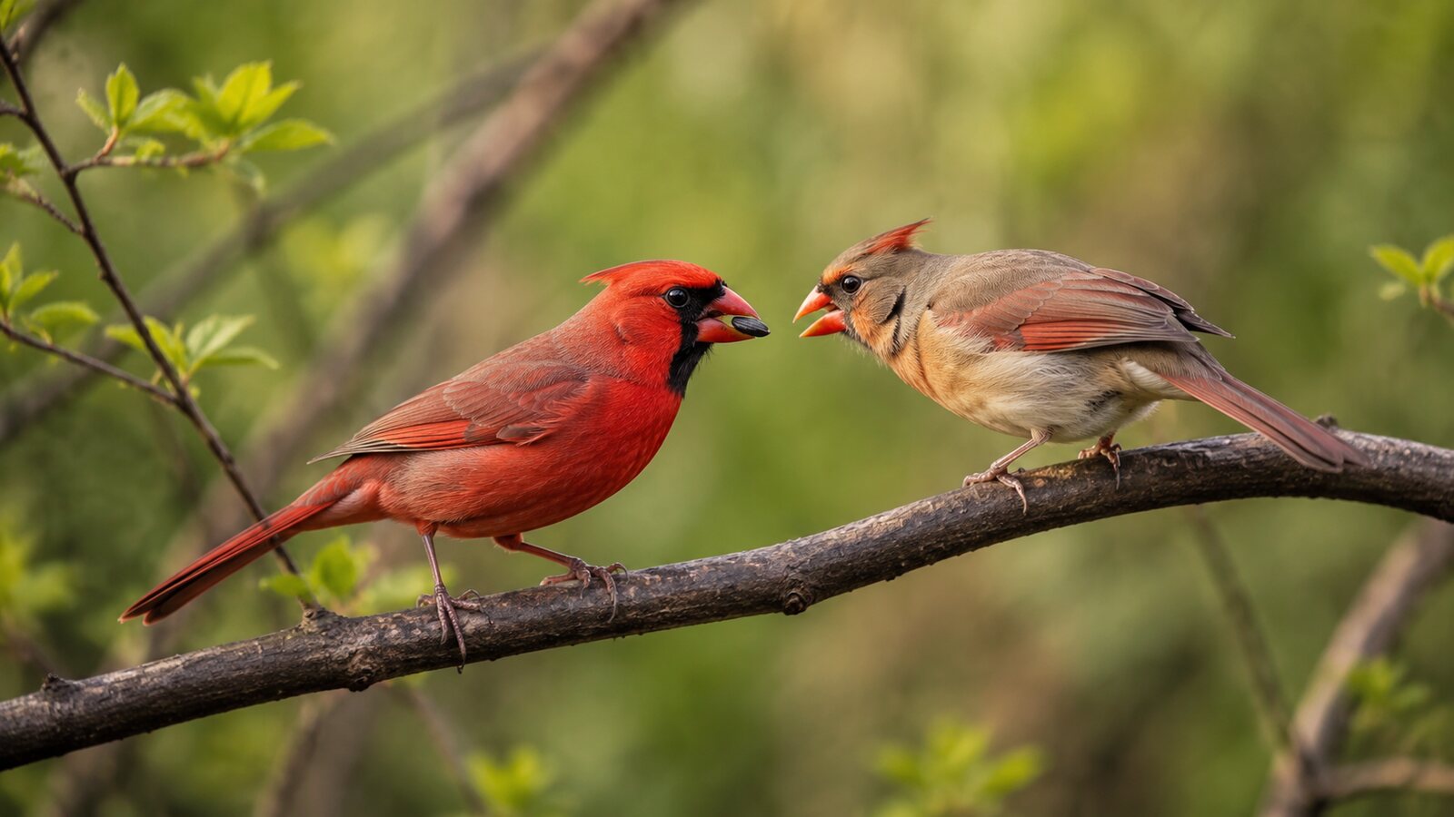 A male Northern Cardinal offering a seed to a female during courtship