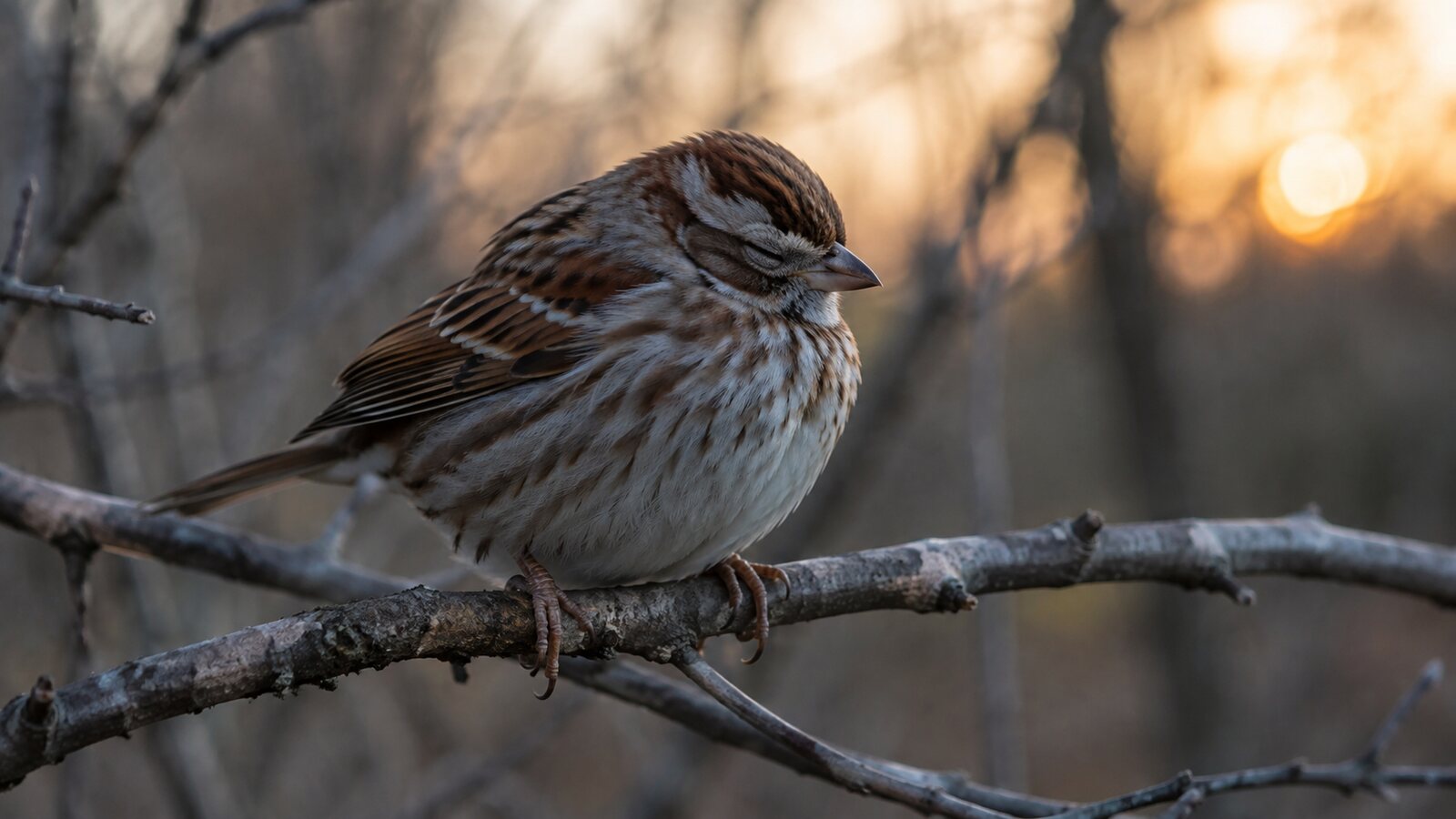 A sleeping Song Sparrow gripping a natural branch with both feet