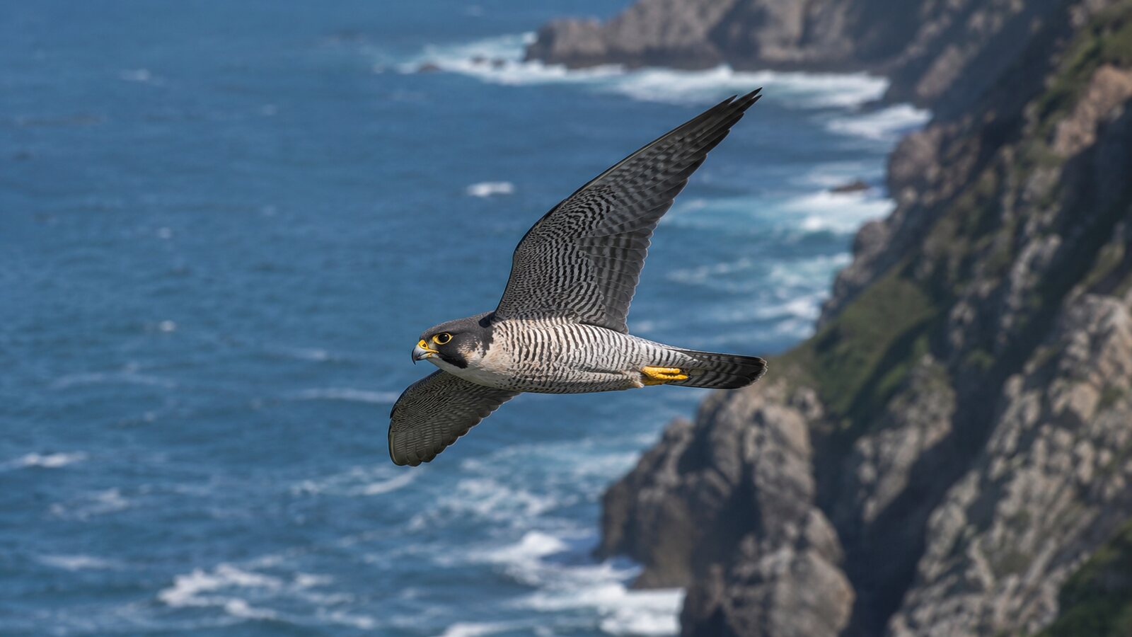 A Peregrine Falcon in fast level flight beside a rocky North American coast