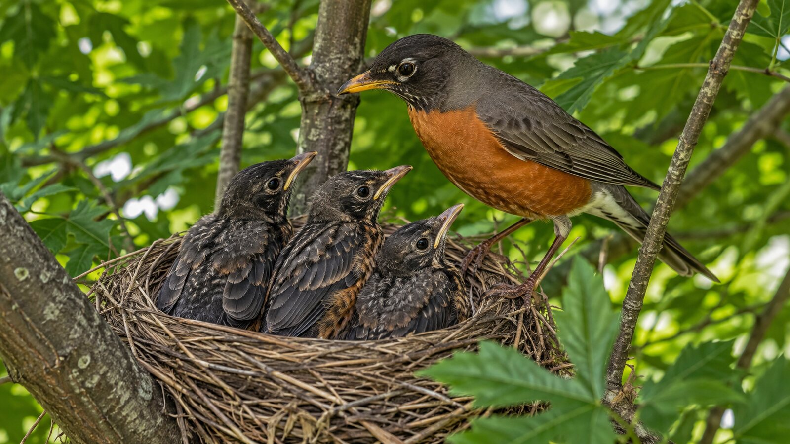 Young wild North American songbirds near fledging age in a natural nest with an adult nearby