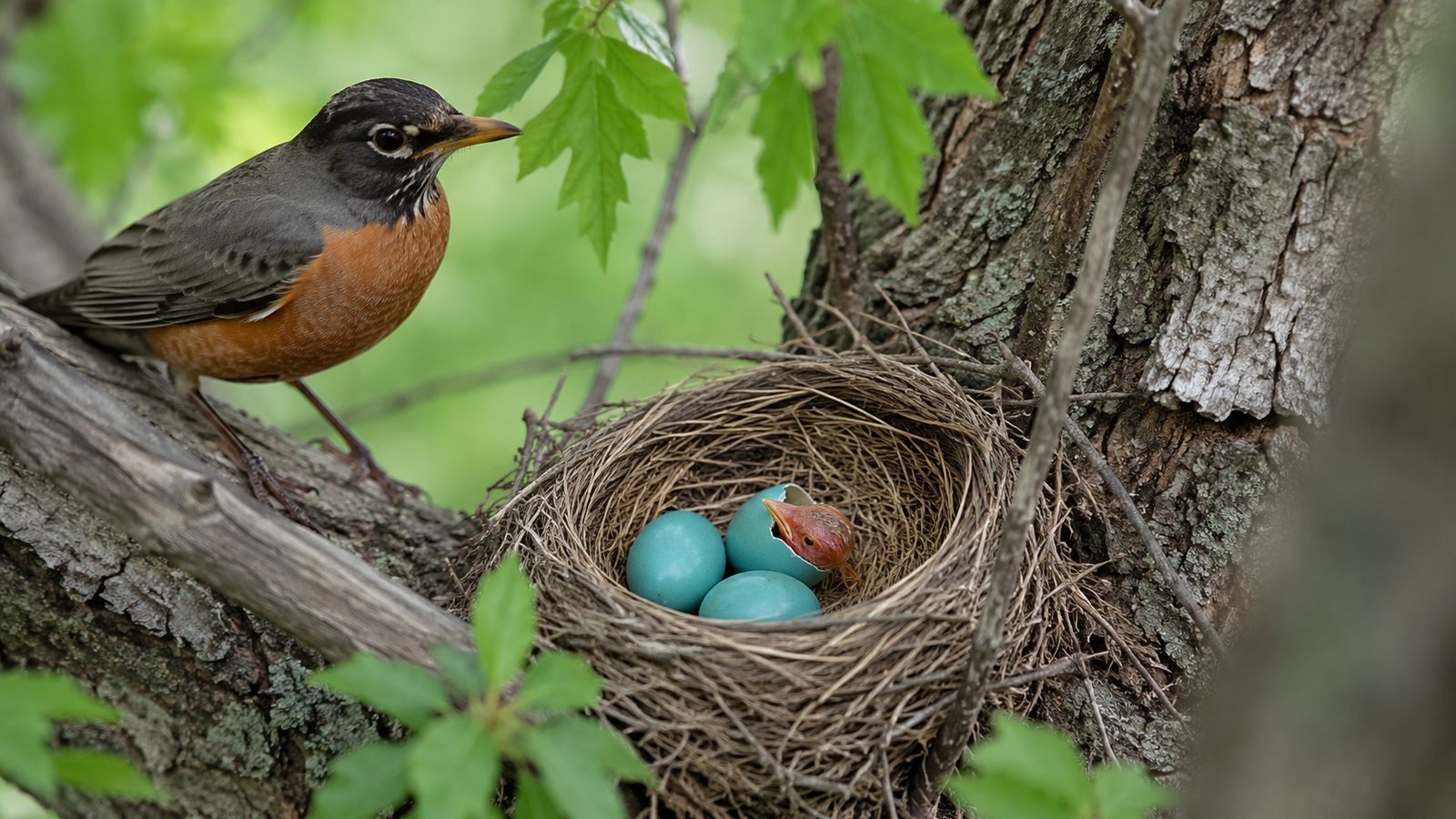 An American Robin beside a nest with blue eggs and a newly hatching chick