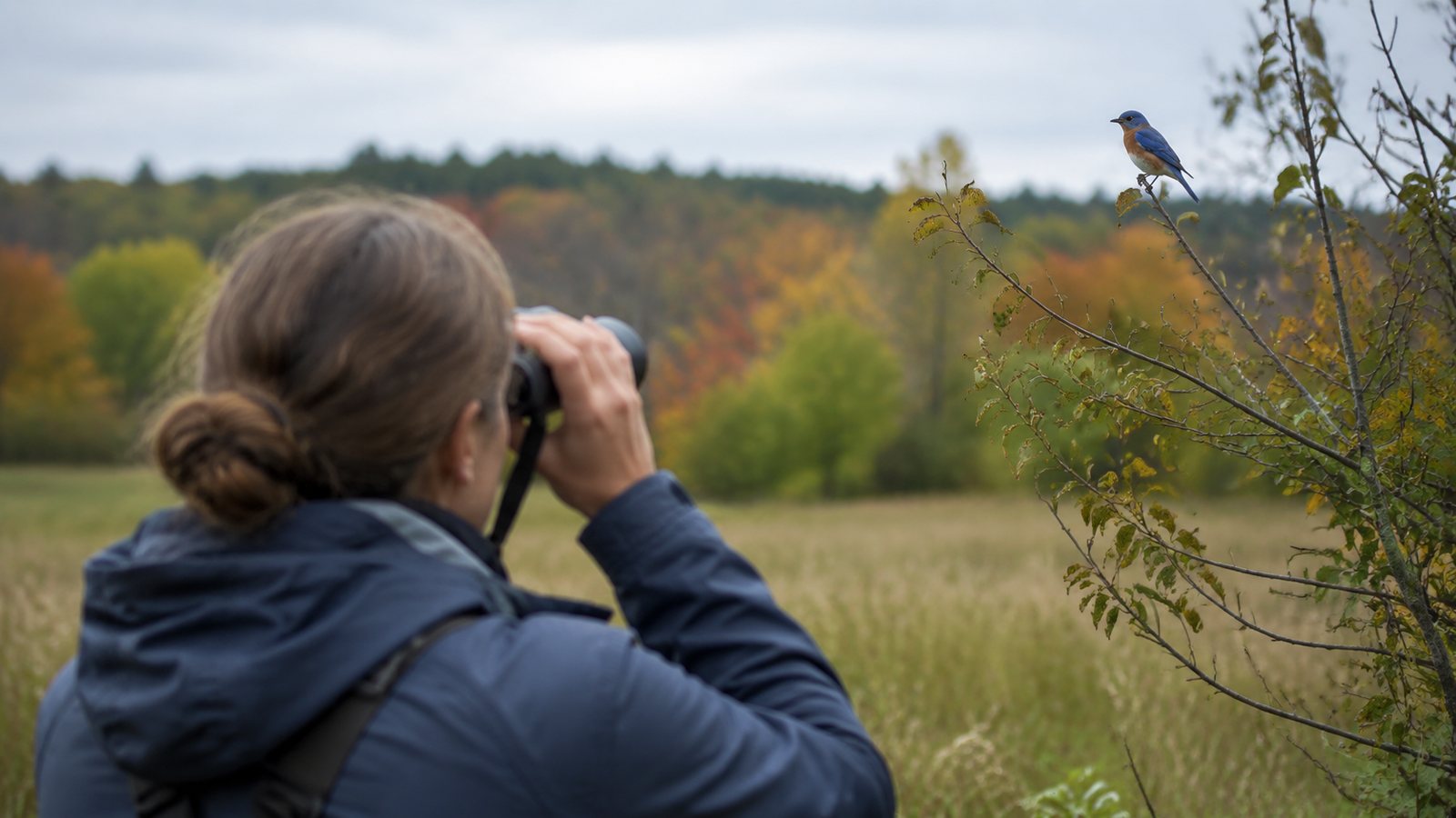 A bird watcher using binoculars to study an Eastern Bluebird in a meadow