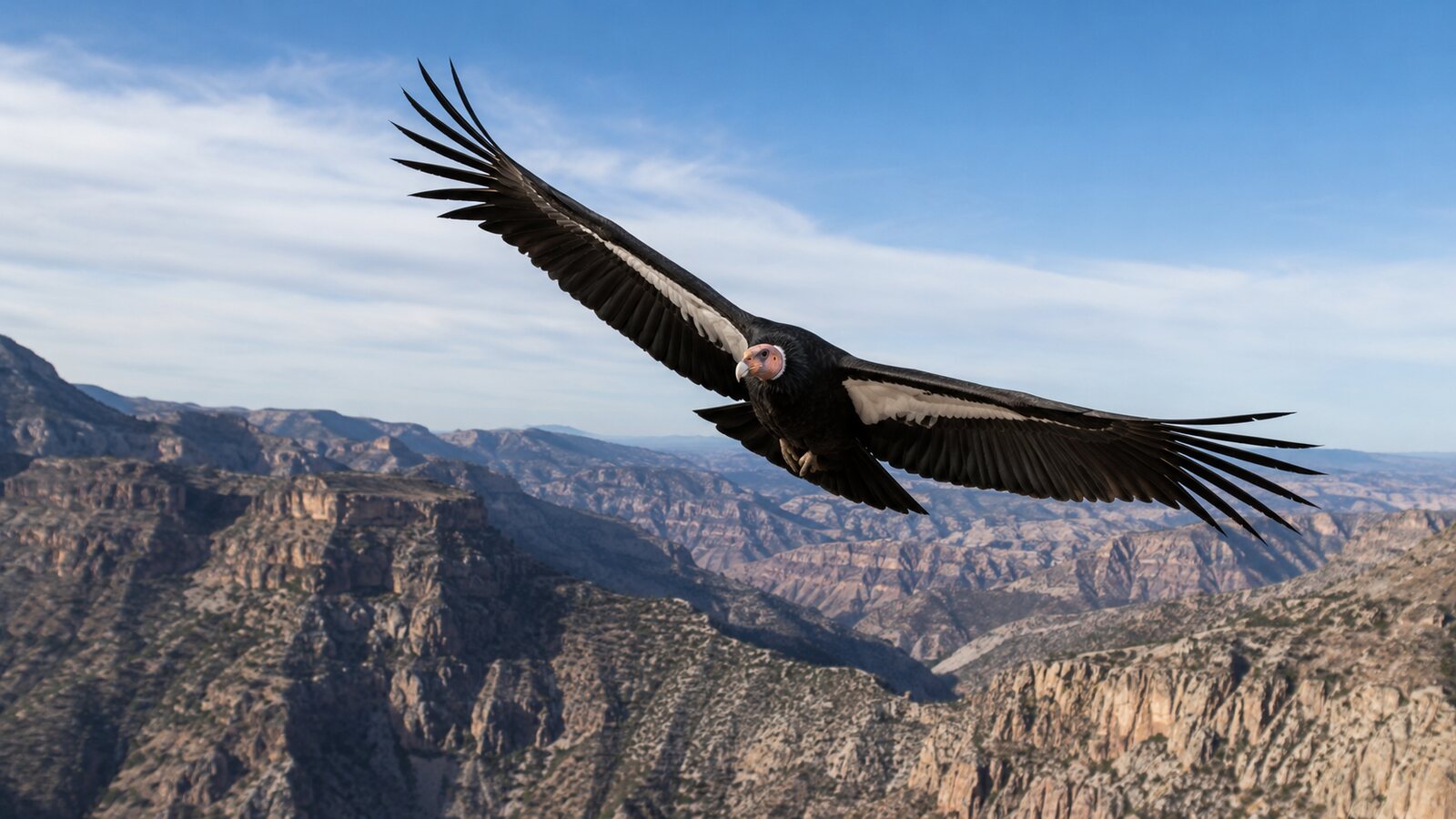 Adult California Condor soaring on enormous black wings with white underwing patches above a western canyon