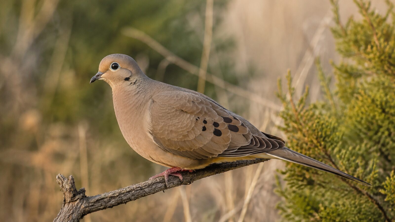 Mourning Dove resting on a low branch among soft meadow grasses