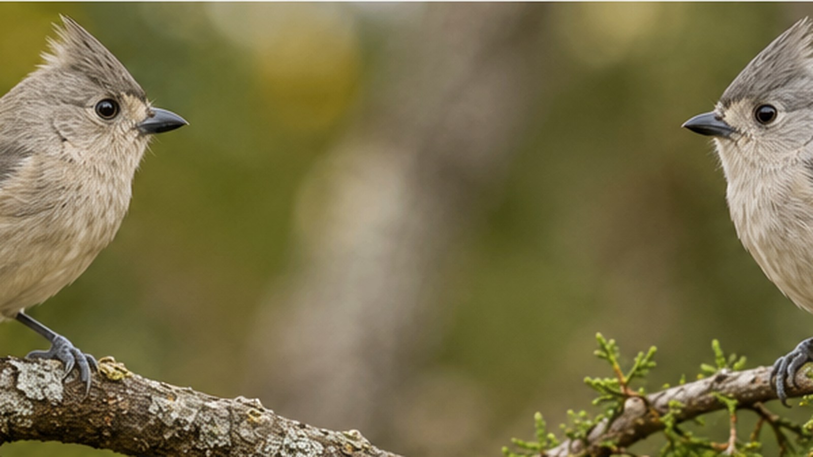 Oak Titmouse and Juniper Titmouse facing one another on woodland branches