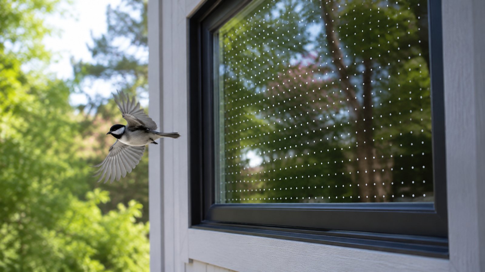 A Black-capped Chickadee flying safely past exterior dot markers on a window