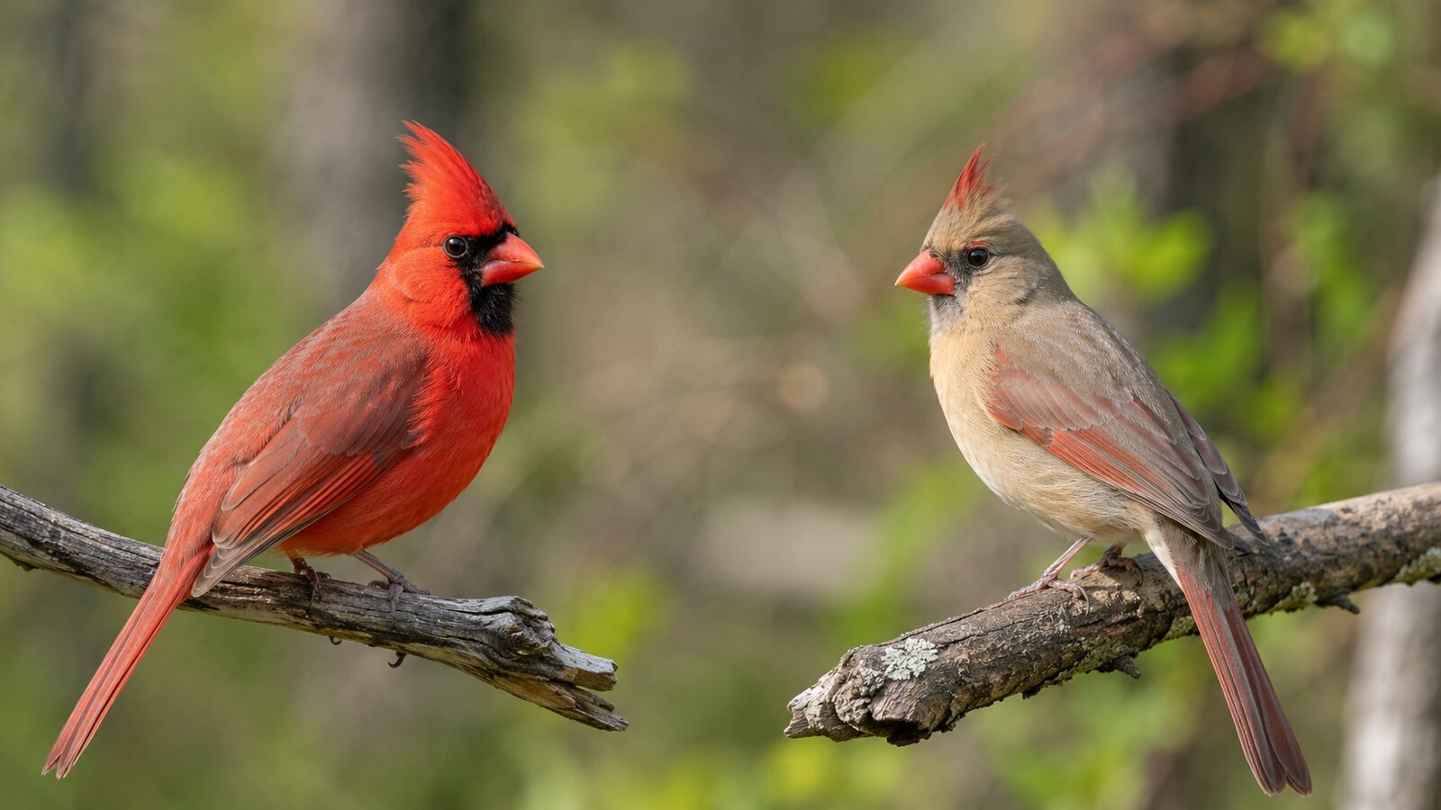 A bright red male Northern Cardinal beside a tan female showing natural plumage differences