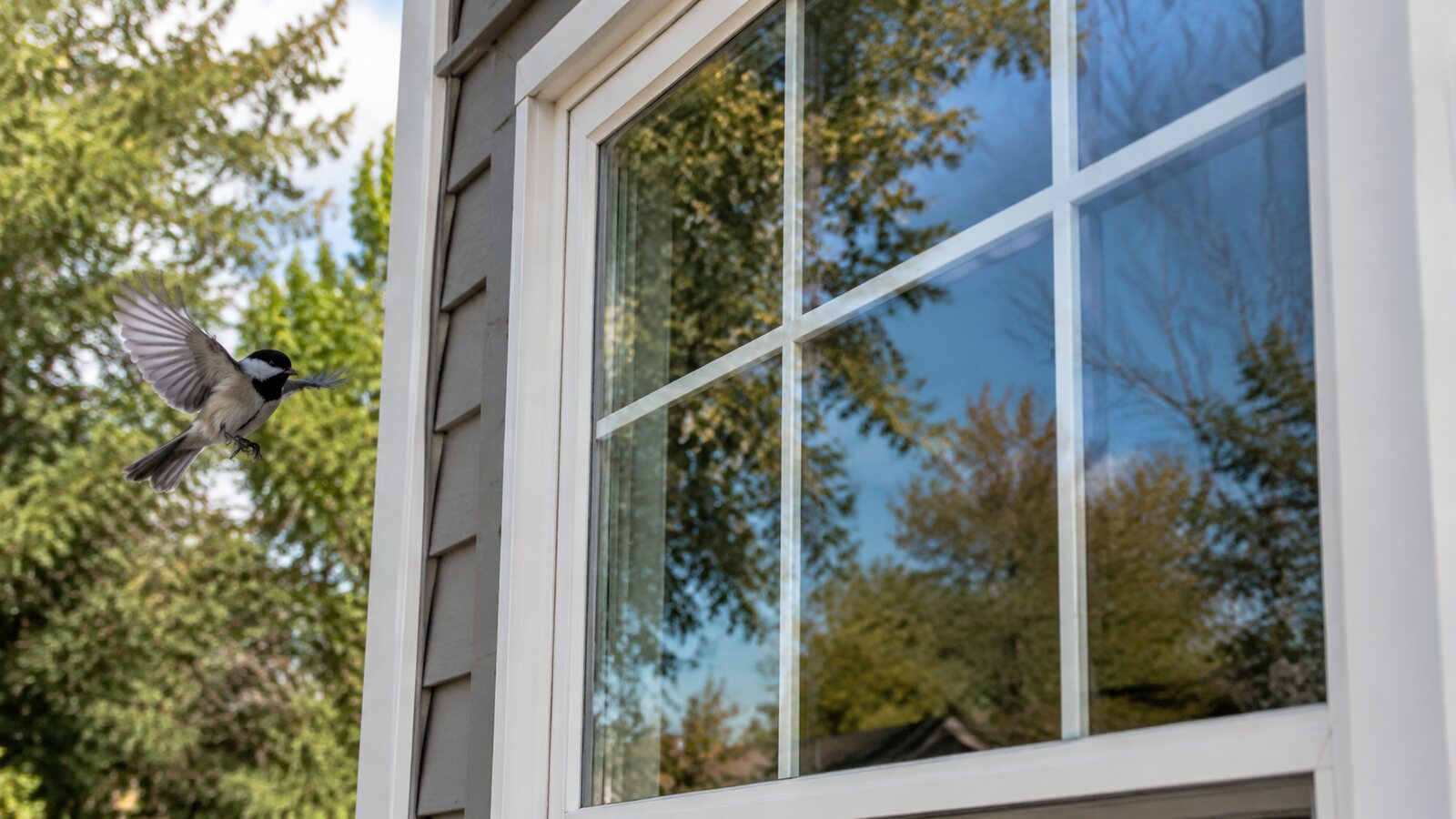 A backyard bird approaching a reflective residential window with trees visible in the glass