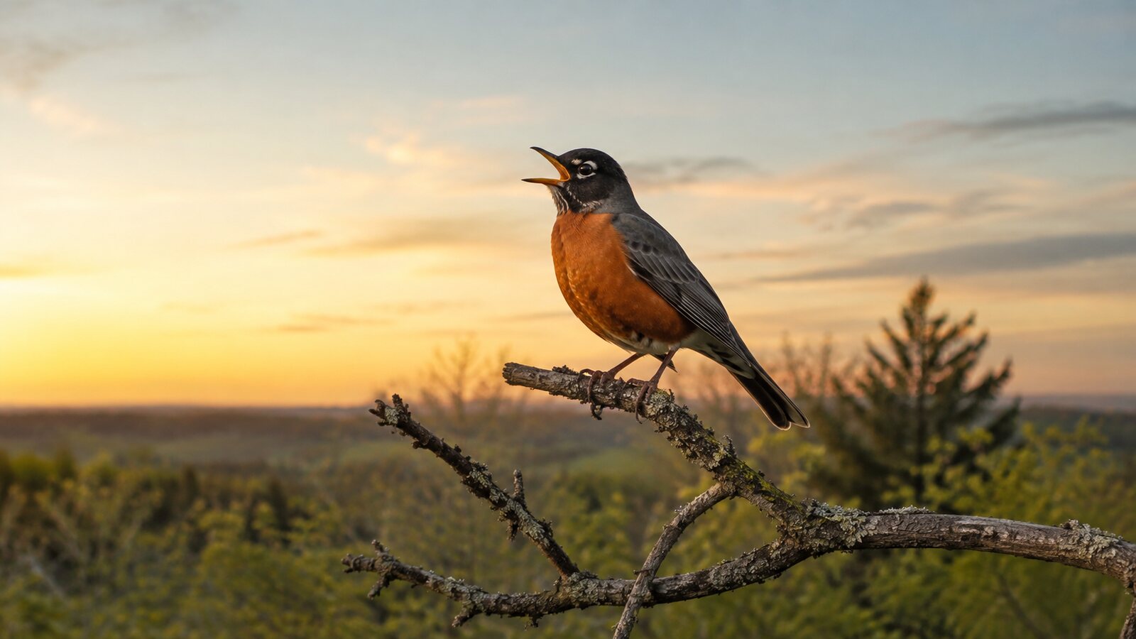 A North American songbird singing from a branch in the soft light of early morning