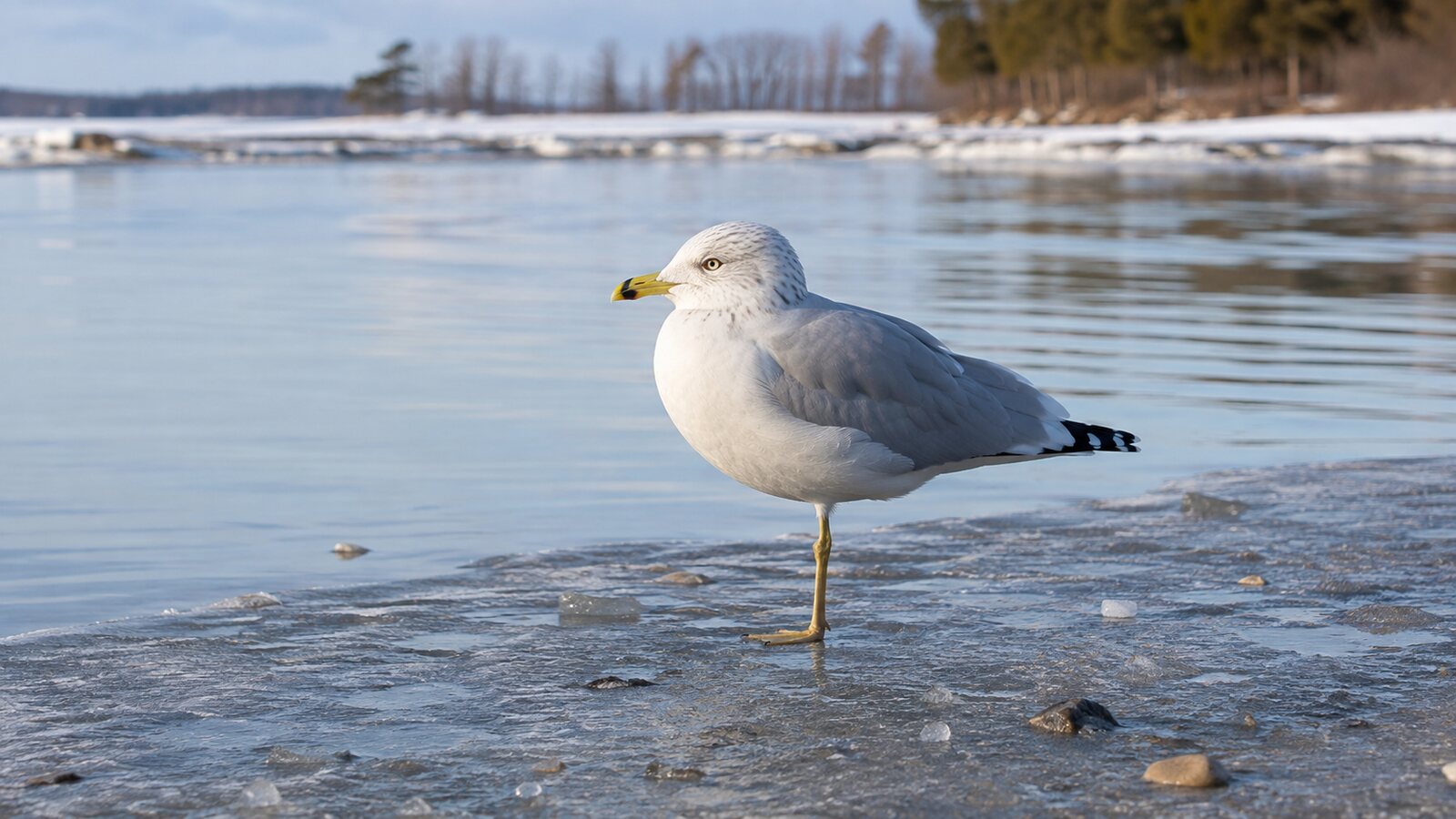 A Ring-billed Gull resting on one leg beside an icy lake