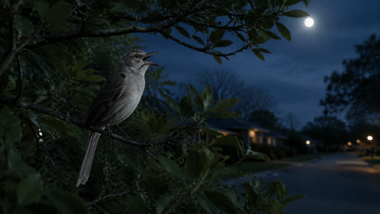 A wild North American bird vocalizing from a natural perch at night under soft moonlight
