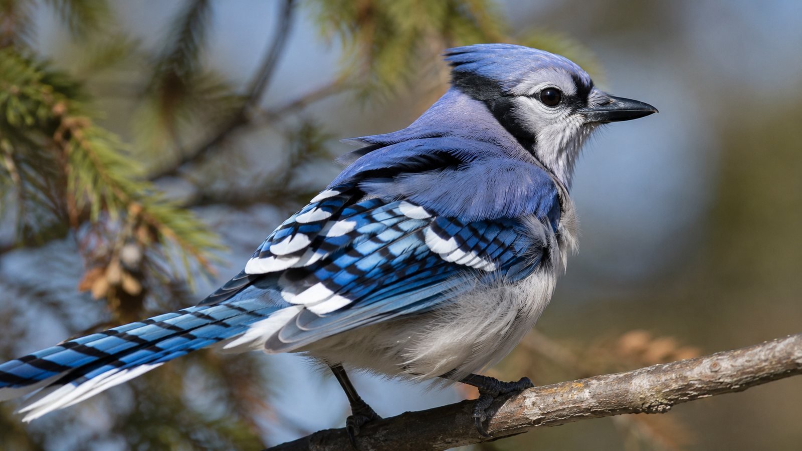 A Blue Jay showing layered wing, tail, and body feathers on a branch