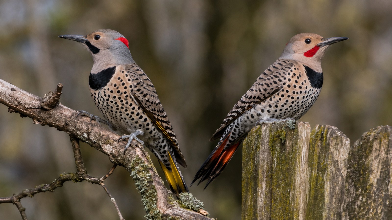 Yellow-shafted and Red-shafted Northern Flickers perched on weathered wood