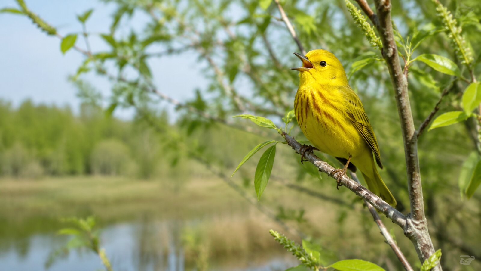 Male Yellow Warbler singing from a willow branch beside a wetland